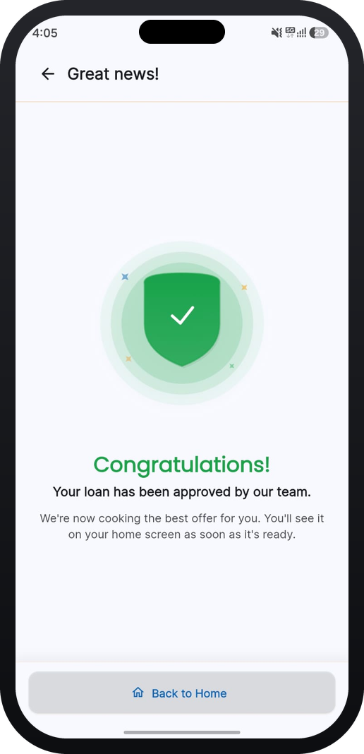 Orrish Loans app - loan approved confirmation screen